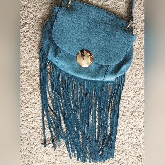 Vieta Fringed Blue Pebbled Leather Crossbody Purse with leather fringe - Picture 2 of 13